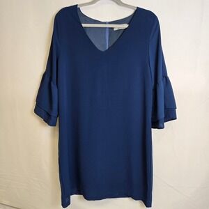 Belongsci Sweet & Cute V-Neck Bell Sleeve Shift‎ Mini Dress, Blue, Size Large